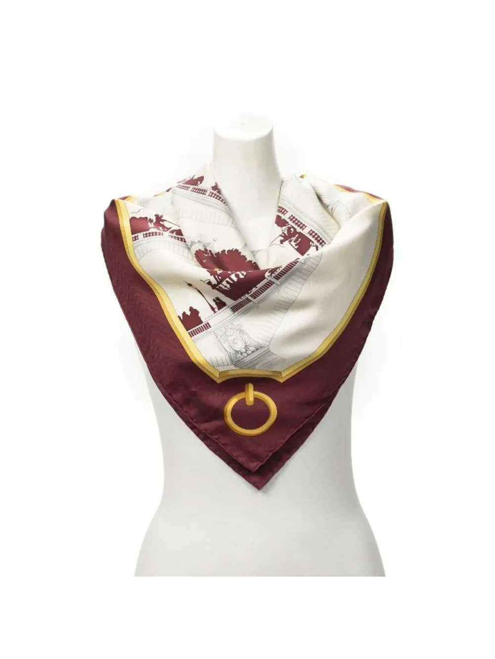 Hermes Scarf Burgundy Yellow Ivory 100% Twill Silk